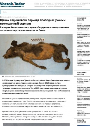 Обложка Электронного документа: Щенок ледникового периода преподнес ученым неожиданный сюрприз. В желудке 14-тысячелетнего щенка обнаружили останки, возможно последнего, шерстистого носорога на Земле