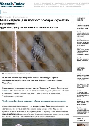 Обложка Электронного документа: Белая медведица из якутского зоопарка скучает по посетителям. Будни "Орто Дойду" без гостей можно увидеть на YouTube: [c комментариями заведующей научно-просветительским отделом Натальи Сафоновой]