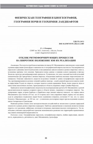 Обложка Электронного документа: Отклик ритмоформирующих процессов на широтное положение зон их реализации <br>The response of rhythmically forming processes to the latitudinal position of the zones of their implementation