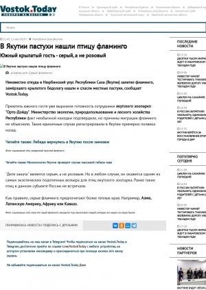 Обложка Электронного документа: В Якутии пастухи нашли птицу фламинго. Южный крылатый гость - серый, а не розовый