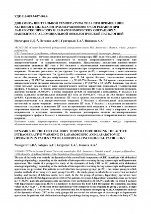 Обложка Электронного документа: Динамика центральной температуры тела при применении активного метода интраоперационного согревания при лапароскопических и лапаротомических операциях у пациентов с абдоминальной онкологической патологией <br>Dynamics of the central body temperature duiring the active intraoperative warming in laparoscopic and laparotomic operation in patient with abdominal oncological pathology