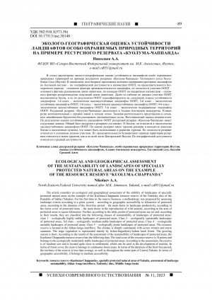 Обложка Электронного документа: Эколого-географическая оценка устойчивости ландшафтов особо охраняемых природных территорий на примере ресурсного резервата "Куолума-Чаппанда" <br>Ecological and geographical assessment of the sustainability of landscapes of specially protected natural areas on the example of the resource reserve "Kuoluma-Chappanda"