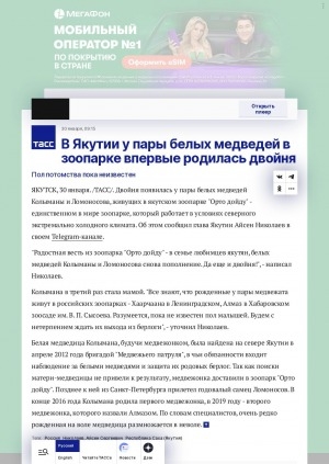 Обложка Электронного документа: В Якутии у пары белых медведей в зоопарке впервые родилась двойня