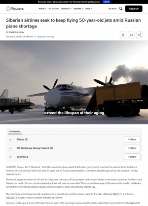 Обложка Электронного документа: Siberian airlines seek to keep flying 50-year-old jets amid Russian plane shortage
