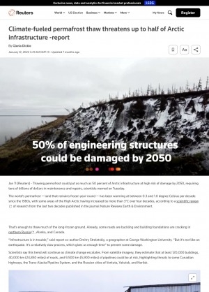 Обложка Электронного документа: Climate-fueled permafrost thaw threatens up to half of Arctic infrastructure - report