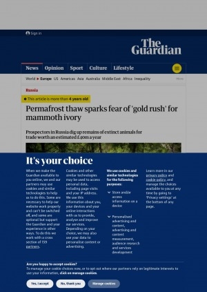 Обложка Электронного документа: Permafrost thaw sparks fear of 'gold rush' for mammoth ivory: prospectors in Russia dig up remains of extinct animals for trade worth an estimated £40m a year