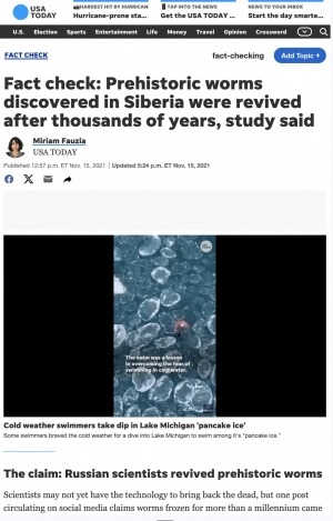 Обложка Электронного документа: Fact check: Prehistoric worms discovered in Siberia were revived after thousands of years, study said