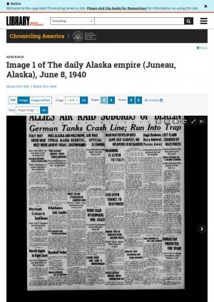 Обложка Электронного документа: Image 1 [Image of the article "Librarian from Washington here seeing documents" from] "The daily Alaska empire" Juneau, Alaska, June 8, 1940: [photo]