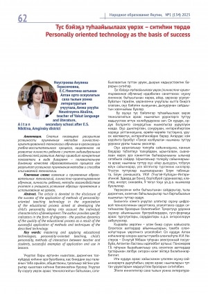 Обложка Электронного документа: Тус бэйэҕэ туһаайыылаах үөрэх – ситиһии төрдө = Personally oriented technology аs the basis of success