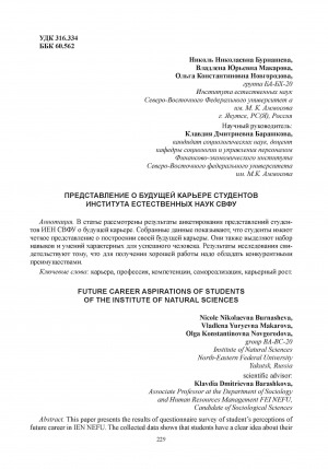 Обложка Электронного документа: Представление о будущей карьере студентов института естественных наук СВФУ = Future career aspirations of students of the Institute of natural sciences