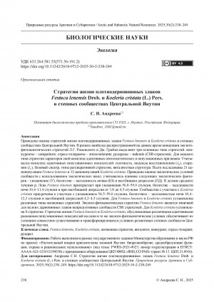 Обложка Электронного документа: Стратегии жизни плотнодерновинных злаков Festuca lenensis Drob. и Koeleria cristata (L.) Pers. в степных сообществах Центральной Якутии = The life strategies of firm-bunch grasses Festuca lenensis Drob. and Koeleria cristata (L.) Pers. in the steppe communities of Central Yakutia