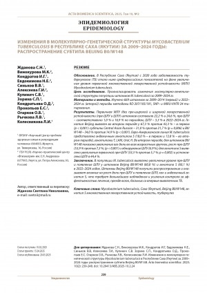 Обложка Электронного документа: Изменения в молекулярно-генетической структуры Mycobacterium tuberculosis в Республике Саха (Якутии) за 2009-2024 годы: распространение субтипа beijing B0/W148 = Changes in the molecular genetic structure of Mycobacterium tuberculosis in Republic Sakha (Yakutia) in 2009-2024: spread of beijing B0/W148 subtype