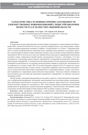 Обложка Электронного документа: Характеристика основных причин запущенности злокачественных новообразований слизистой оболочки полости рта и челюстно-лицевой области = Characteristics of the main causes of neglected malignant neoplasms in the oral mucosa and maxillofacial area
