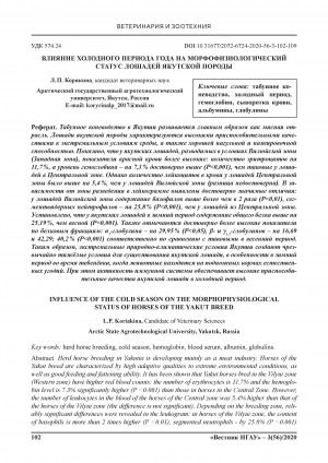 Обложка Электронного документа: Влияние холодного периода года на морфофизиологический статус лошадей якутской породы = Influence of the cold season on the morphophysiological status of horses of the Yakut breed