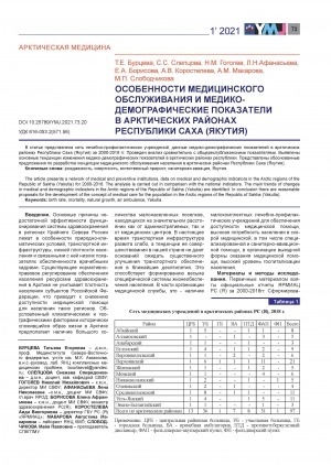 Обложка Электронного документа: Особенности медицинского обслуживания и медико-демографические показатели в Арктических районах РС(Я) = Features of medical care and medical-demographic indicators in the arctic regions of the Republic of Sakha (Yakutia)