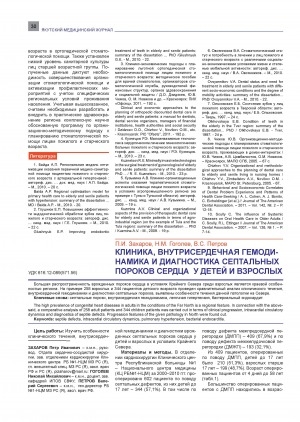 Обложка Электронного документа: Клиника, внутрисердечная гемодинамика и диагностика септальных пороков сердца у детей и взрослых = Clinical manifestations, introcardial hemodynamic and diagnosis of septal heart defects in children and adults