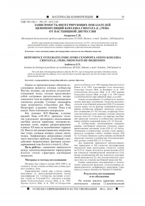 Обложка Электронного документа: Зависимость интегрирующих показателей ценопопуляций Koeleria cristata (L.) Pers. от пастбищной дигрессии = Dependence integrates indicators cenopopulations Koeleria cristata (L.) Pers. from pasture digression