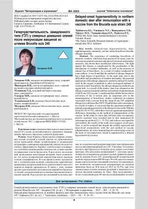Обложка Электронного документа: Гиперчувствительность замедленного типа (ГЗТ) у северных домашних оленей после иммунизации вакциной из штамма Brucella suis 245 = Delayed-onset hypersensitivity in northern domestic deer after immunization with a vaccine from the Brucella suis strain