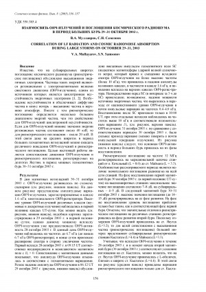 Обложка Электронного документа: Взаимосвязь ОНЧ-излучений и поглощения космического радиошума в период больших бурь 29-31 октября 2003 г. <br>Correlation of LF radiation and cosmic radionoise absorption during large storms on octorber 29-31, 2003