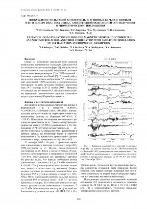 Обложка Электронного документа: Возбуждение пульсаций Pc5 в периоды магнитных бурь 29-31 октября и 20-21 ноября 2003 г. и их связь с амплитудной модуляцией ОНЧ-излучения и риометрического поглощения <br>EXITATION OF Pс5 PULSATIONS DURING THE MAGNETIC STORMS OF OCTOBER 29-31 AND NOVEMBER 20-21 2003, AND THEIR CORRELATION WITH AMPLITUDE MODULATION OF VLF RADIATION AND RIOMETRIC ABSORPTION