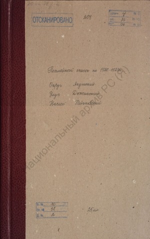 Обложка Электронного документа: Поселенная книга по Тебиковскому наслегу Дюпсинского улуса Якутского округа. 1 октября 1926 г. - 1 октября 1927 г.