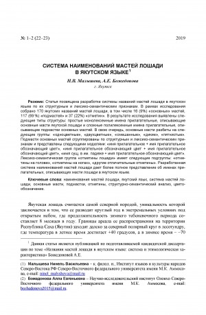 Обложка Электронного документа: Система наименований мастей лошади в якутском языке <br>The system of horse's colour naming in the Yakut language