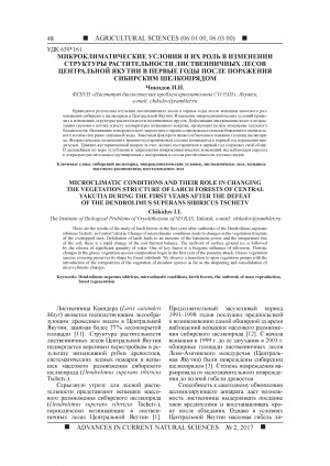 Обложка Электронного документа: Микроклиматические условия и их роль в изменении структуры растительности лиственничных лесов Центральной Якутии в первые годы после поражения сибирским шелкопрядом <br>Microclimatic conditions and their role in changing the vegetation structure of larch forests of Central Yakutia during the first years after the defeat of the dendrolimus superans sibiricus tschetv