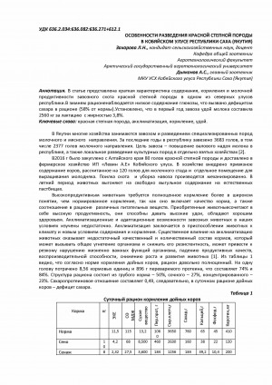 Обложка Электронного документа: Особенности разведения красной степной породы в Кобяйском улусе Республики Саха (Якутия) <br>Features of breeding of the red steppe breed in the Kobyaysky ulus of the Republic of Sakha (Yakutia)