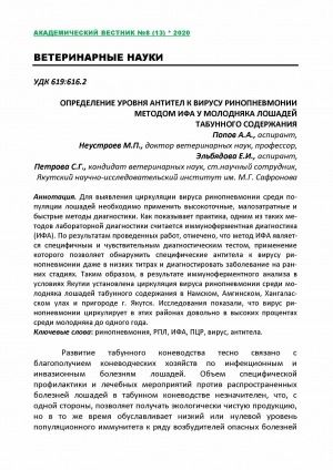 Обложка Электронного документа: Определение уровня антител к вирусу ринопневмонии методом ИФА у молодняка лошадей табунного содержания <br>Determination of the level of antibodies to the rhinopneumonia virus elisa method for young horses herd content
