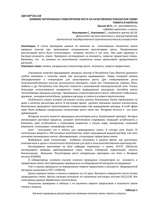 Обложка Электронного документа: Влияние натуральных стимуляторов роста на качественные показатели семян томата и капусты <br>The effect of natural growth promoters on the quality parameters of tomato seeds and cabbage
