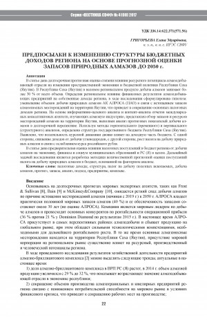 Обложка Электронного документа: Предпосылки к изменению структуры бюджетных доходов региона на основе прогнозной оценки запасов природных алмазов до 2050 г. <br>Prerequisites for Change in the Structure of Budgetary Revenues of the Region Based on Predictive Estimates of Natural Diamonds Reserves TILL 2050