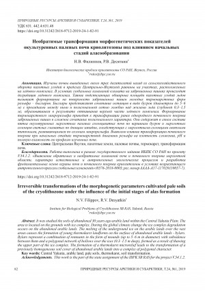 Обложка Электронного документа: Необратимые трансформации морфогенетических показателей окультуренных палевых почв криолитозоны под влиянием начальных стадий аласообразования <br>Irreversible transformations of the morphogenetic parameters cultivated pale soils of the cryolithozone under the influence of the initial stages of alas formation