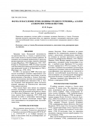 Обложка Электронного документа: Фауна и население птиц долины среднего течения р. Алазея (Северо-Восточная Якутия) <br>Fauna and bird population in the middle flow of the Alazeya River (North-East of Yakutia)