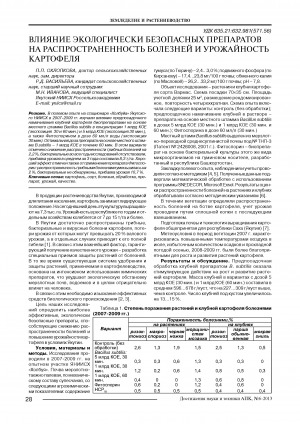Обложка Электронного документа: Влияние экологически безопасных препаратов на распространенность болезней и урожайность картофеля <br>The influence of environmentally safe products on extension of plants disease an potato crop at cultivation in Yakutia