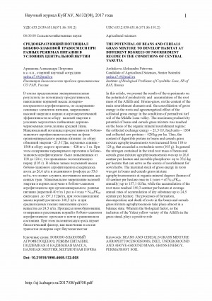 Обложка Электронного документа: Средообразующий потенциал бобово-злаковой травосмеси при разных режимах питания в условиях Центральной Якутии <br>The potential of beans and cereals grass mixture to develop habitat at different degrees of nourishment regime in the conditions of Central Yakutia