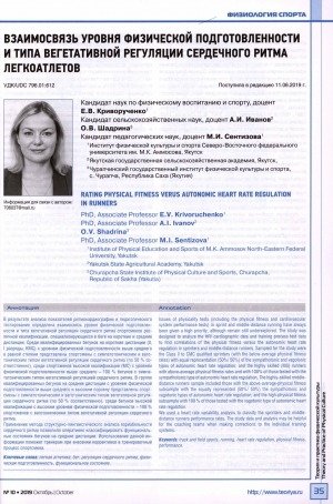 Обложка Электронного документа: Взаимосвязь уровня физической подготовленности и типа вегетативной регуляции сердечного ритма легкоатлетов <br>Rating physical fitness verus autonomic heart rate regulation in runners