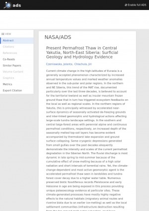Обложка Электронного документа: Present Permafrost Thaw in Central Yakutia, North-East Siberia: Surficial Geology and Hydrology Evidence