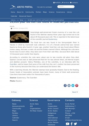 Обложка Электронного документа: 28,000-year old lion cub found in Siberian permafrost: [about fossil found in the Semyuelyakh River in Yakutia in 2018]