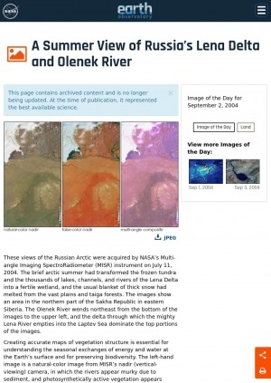 Обложка Электронного документа: A summer view of Russia’s Lena delta and Olenek river: [about the views of the Russian Arctic acquired by NASA’s Multi-angle Imaging SpectroRadiometer (MISR) instrument]
