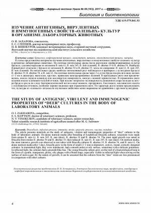 Обложка Электронного документа: Изучение антигенных, вирулентных и иммуногенных свойств "оленьих" культур в организме лабораторных животных <br>The study of antigenic, virulent and immunogenic properties of “deer” cultures in the body of laboratory animals
