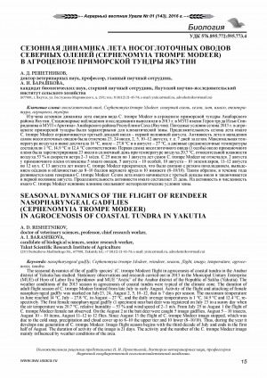 Обложка Электронного документа: Сезонная динамика лета носоглоточных оводов северных оленей (Cephenomyia trompe Modeer) в агроценозе приморской тундры Якутии <br>Seasonal dynamics of the flight of reindeer nasopharyngeal gadflies (Cephenomyia trompe Modeer) in agrocenosis of coastal Tundra in Yakutia