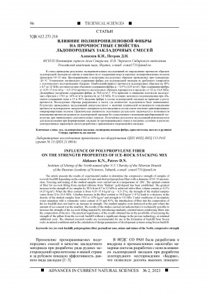 Обложка Электронного документа: Влияние полипропиленовой фибры на прочностные свойства льдопородных закладочных смесей <br>Influence of polypropylene fiber on the strength properties of ice-rock stacking mix