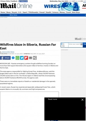Обложка Электронного документа: Wildfires blaze in Siberia, Russian Far East: [with comments of the Russian state agency responsible for fighting forest fires Avialesookhrana]