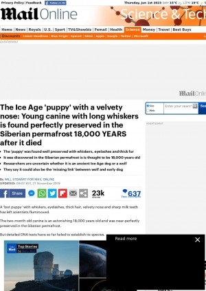 Обложка Электронного документа: The Ice Age 'puppy' with a velvety nose: Young canine with long whiskers is found perfectly preserved in the Siberian permafrost 18,000 years after it died: [comment of the the scientist of the Institute of Applied Ecology of the North, at Russia’s North-Eastern Federal University Dr Sergey Fedorov]