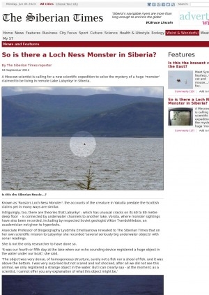 Обложка Электронного документа: So is there a Loch Ness Monster in Siberia?: [comments of the Moscow State University Associate Professor of Biogeography Lyudmila Emeliyanova, the head of the Ichthyology Department of the Institute of Biology of Freshwater of the Russian Academy of Sciences Yury Gerasimov]