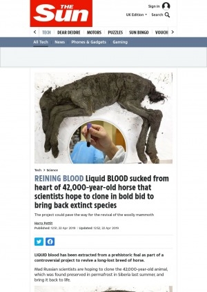 Обложка Электронного документа: Reining blood. Liquid blood sucked from heart of 42,000-year-old horse that scientists hope to clone in bold bid to bring back extinct species