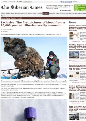 Обложка Электронного документа: Exclusive: The first pictures of blood from a 10,000 year old Siberian woolly mammoth: [with comments of the director of the Lazarev Mammoth Museum at Northeastern Federal University Semyon Grigoriev]