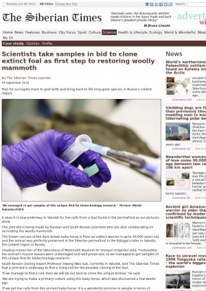 Обложка Электронного документа: Scientists take samples in bid to clone extinct foal as first step to restoring woolly mammoth: [with the comments of the leading researcher of the laboratory of Mammoth Museum Dr Semyon Grigoriev]