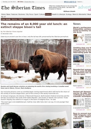 Обложка Электронного документа: The remains of an 8,000 year old lunch: an extinct steppe bison's tail: [with comments of the director of Mammoth Museum, North-Eastern Federal University Dr Semyon Grigoryev]