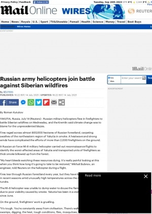 Обложка Электронного документа: Russian army helicopters join battle against Siberian wildfires: [with comments of a firefighter Dulstan Dyachkovsky, Kremlin spokesman Dmitry Peskov]